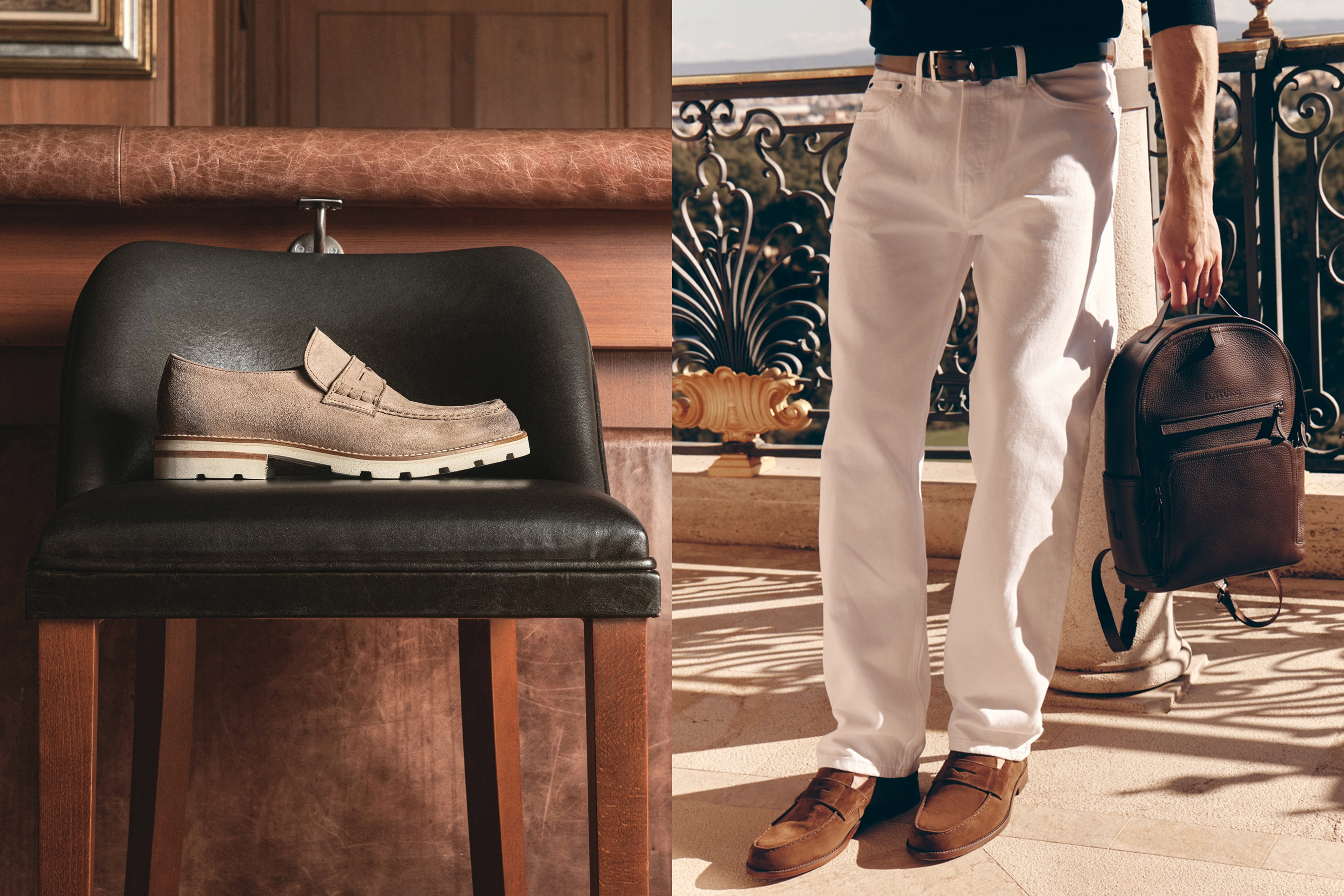 Modern men's look with pleated trousers and moccasins
