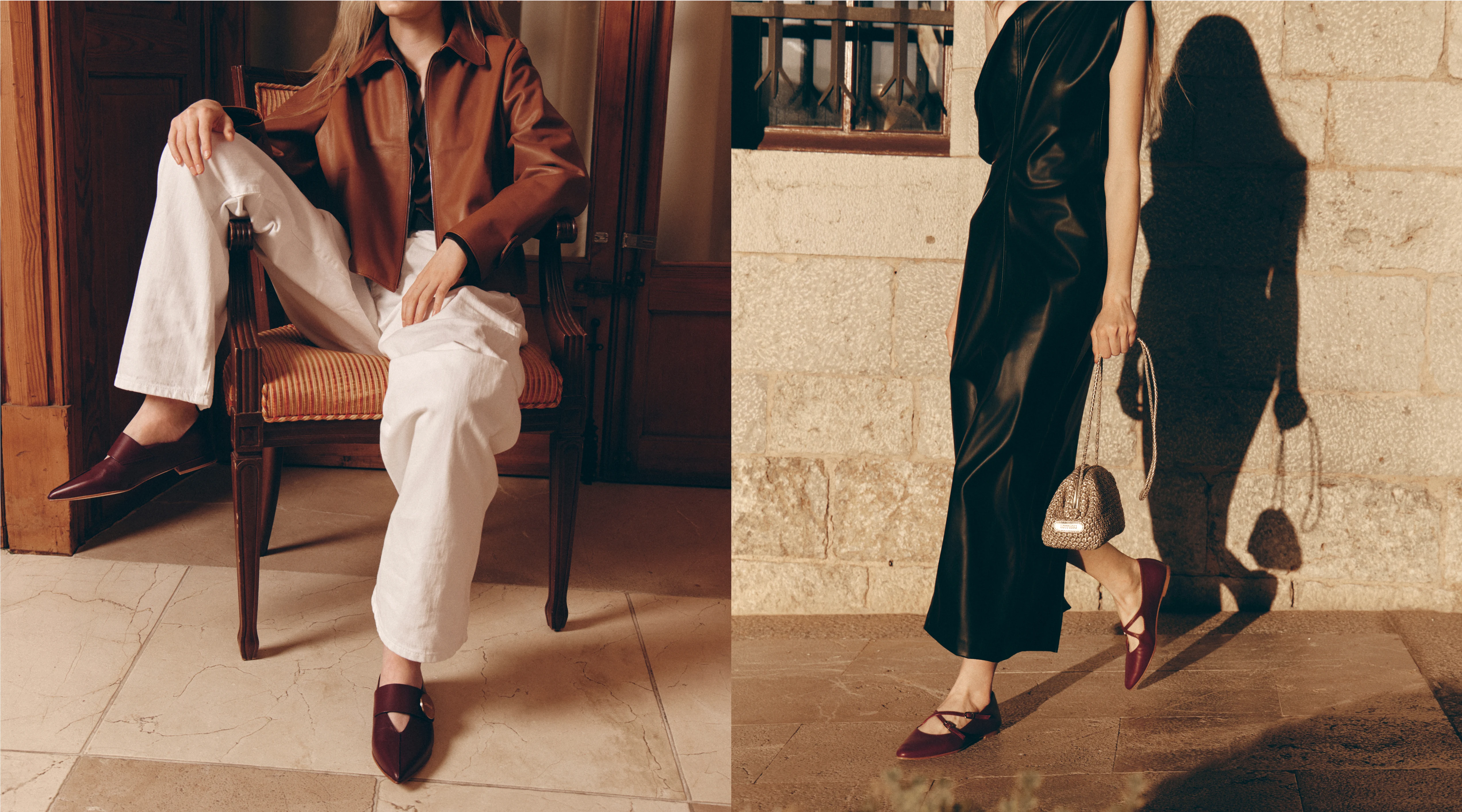 Man and woman in elegant outfits wearing burgundy shoes indoors